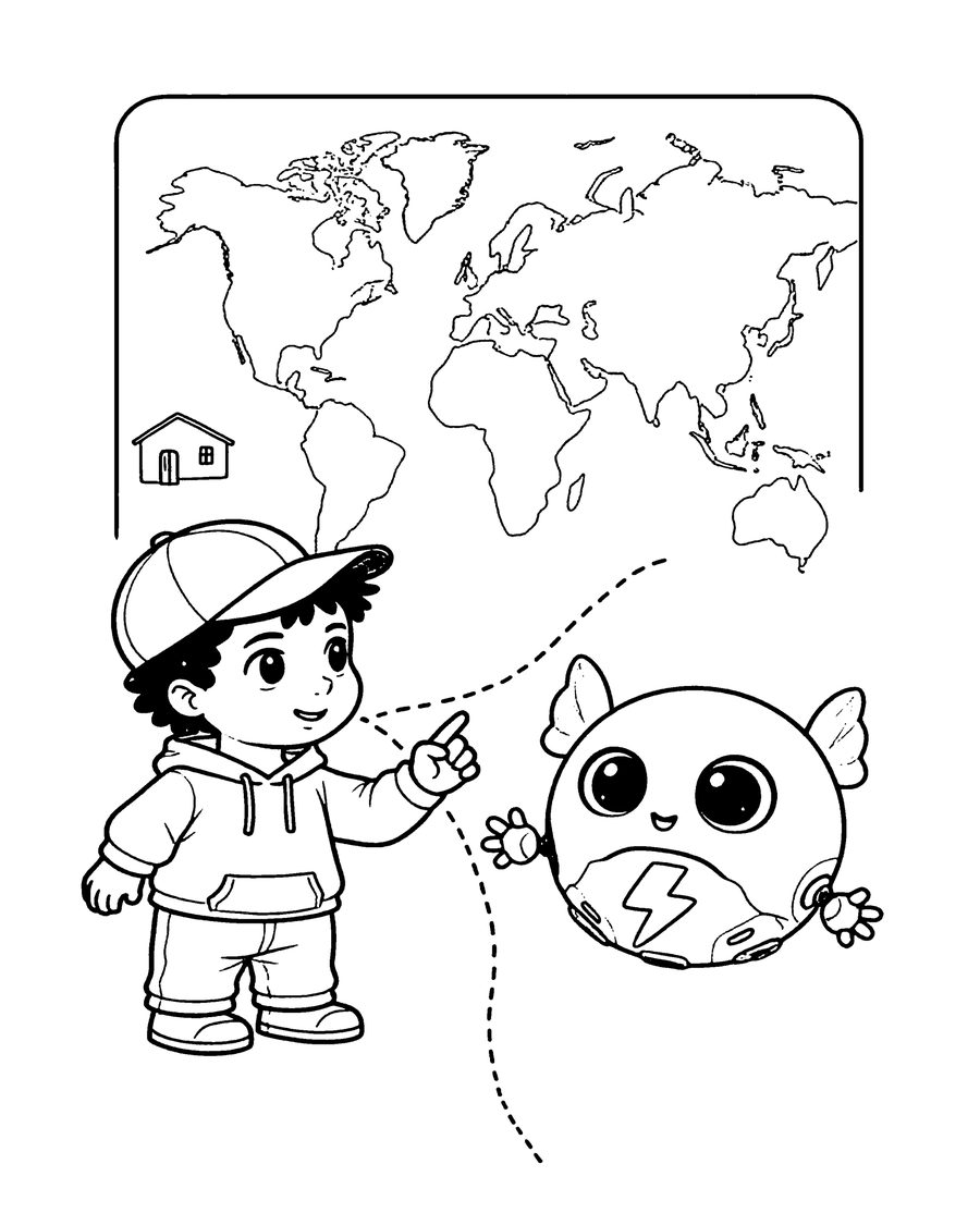 Coloring page: Donald and Pixel planning their trip on a world map